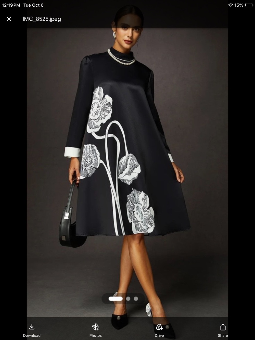 Black A-Line Dress with White Floral Print and Contrast Cuffs